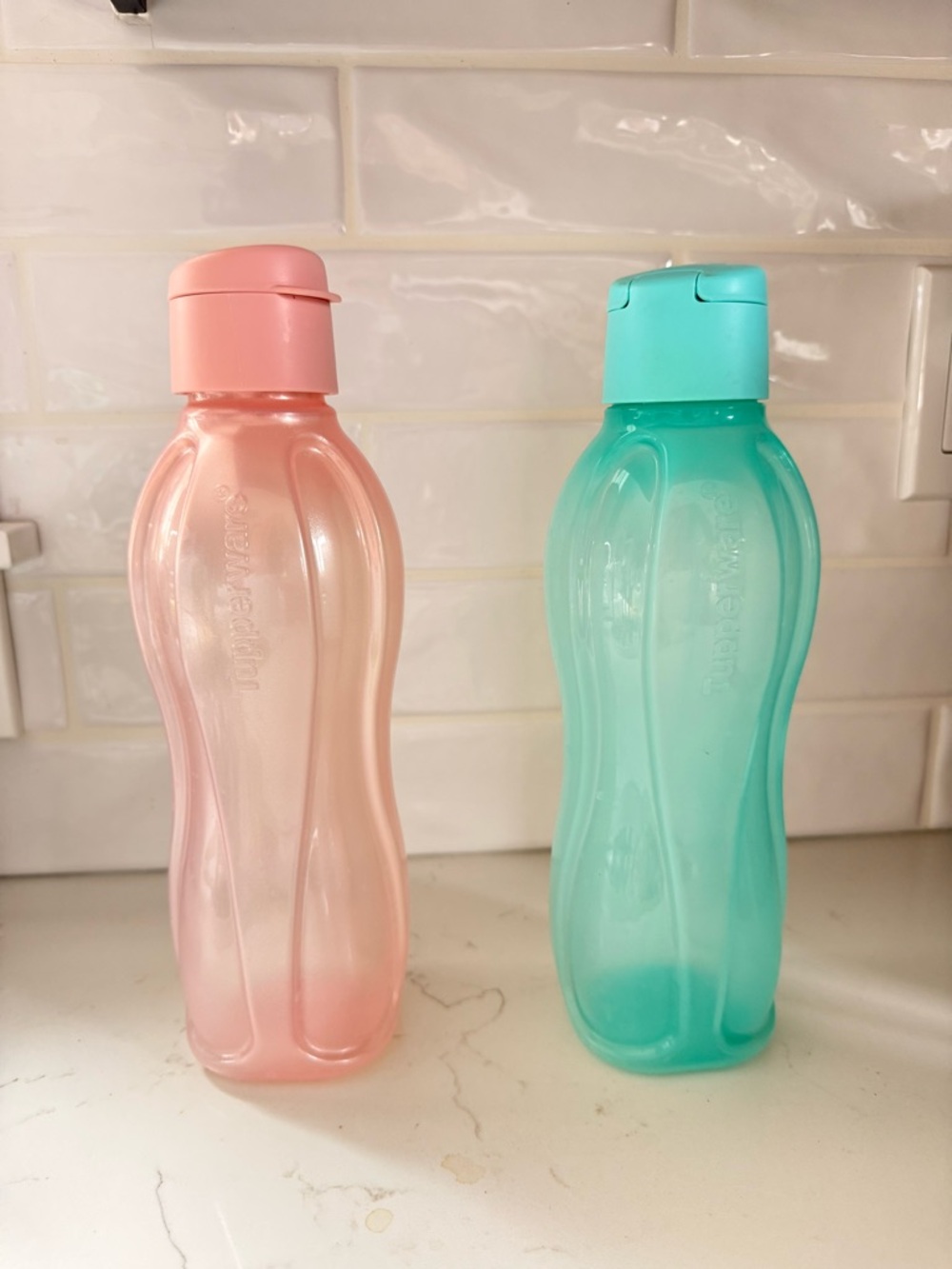 Tupperware Pink and Teal Eco Bottles Fliptop 1L
